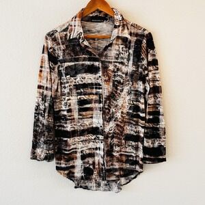 David Cline Crushed Snap Front Top Womens M Brown Abstract Artsy Geometric Print